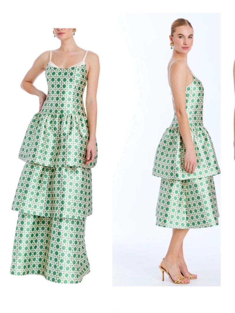 Mestiza Ellison Convertible Green Lattice Patterned Tiered Gown